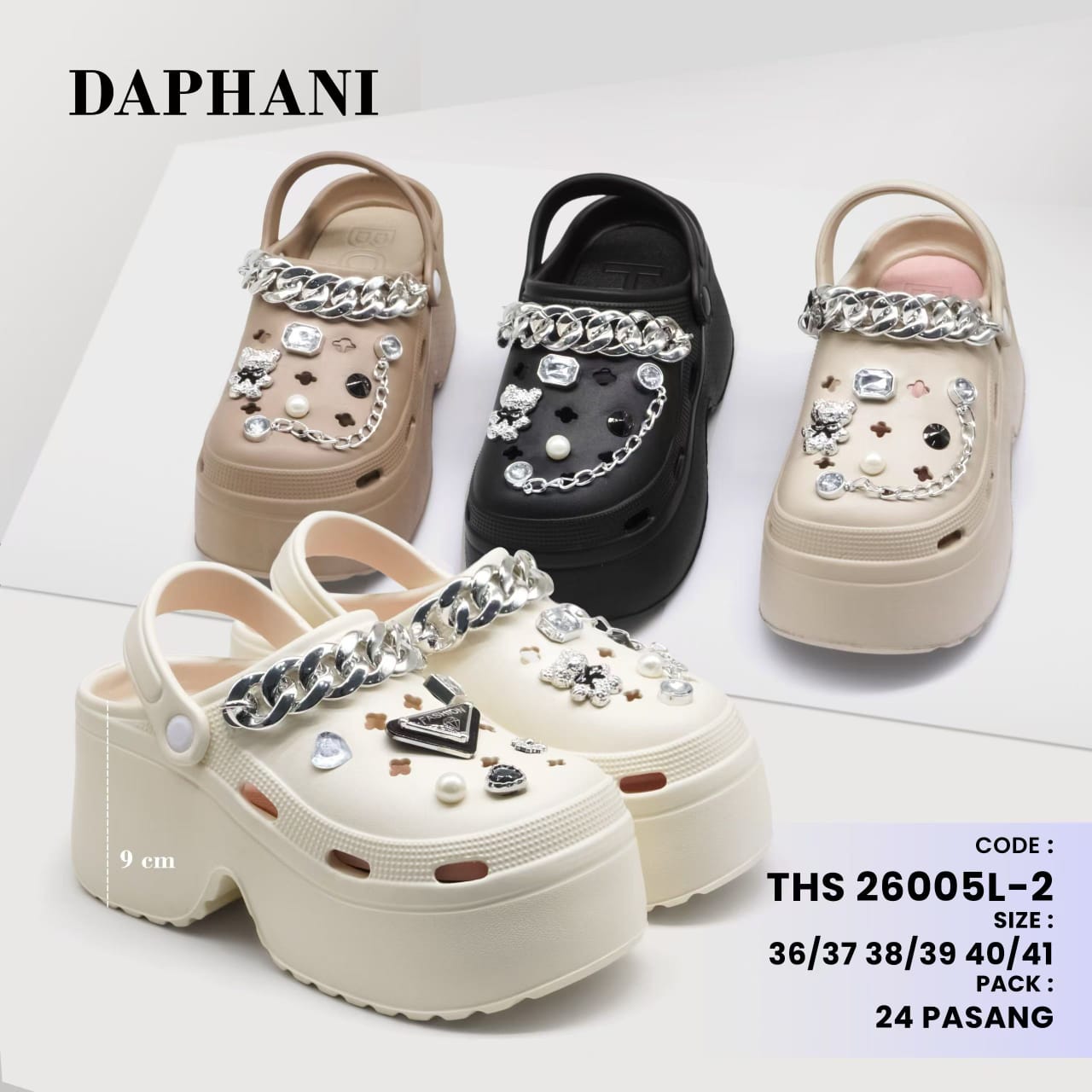 Sandal Baim Wanita Wedges Tinggi 10cm Tali Rantai Cantik Kekinian
